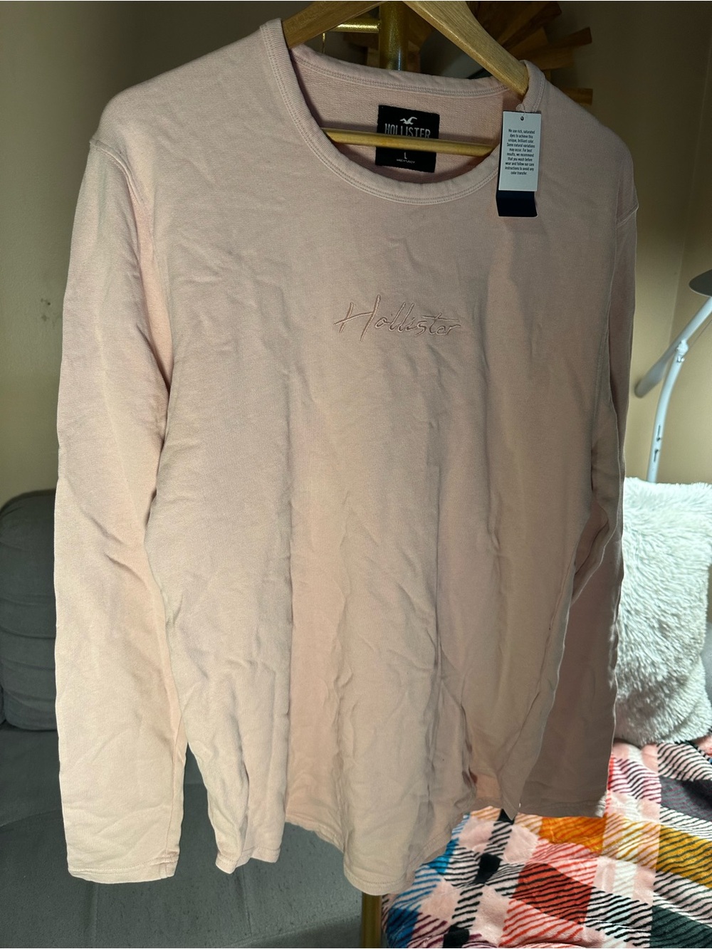 Hollister Light Salmon Pink Long Sleeve Crew Sweatshirt Embroidered Script Logo